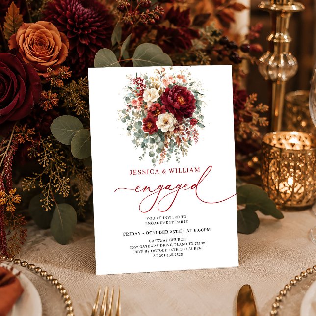Burgundy guldblommig höst boho bröllopsinbjudan inbjudningar (Burgundy Gold Floral Autumn Boho engagement invitation card

)