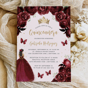 Burgundy guldblommig prinsessa Quinceañera Inbjudningar