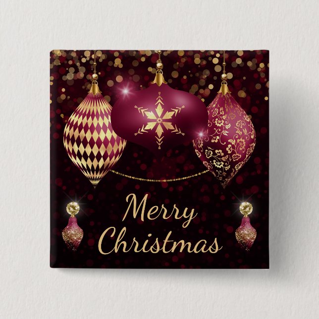 Burgundy & Guldglänsande Merry Christmas Knapp (Framsida)