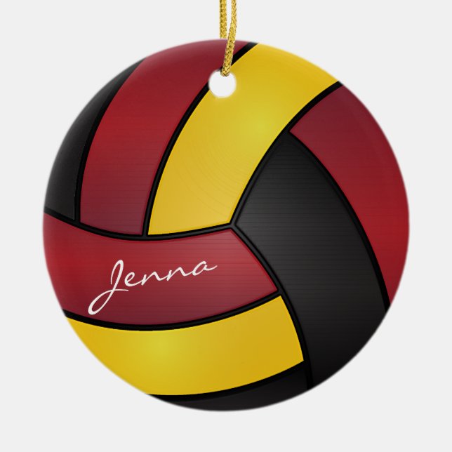 Burgundy, Gult och svart volleyboll 2 | DIY NAMN Julgransprydnad Keramik (Framsidan)
