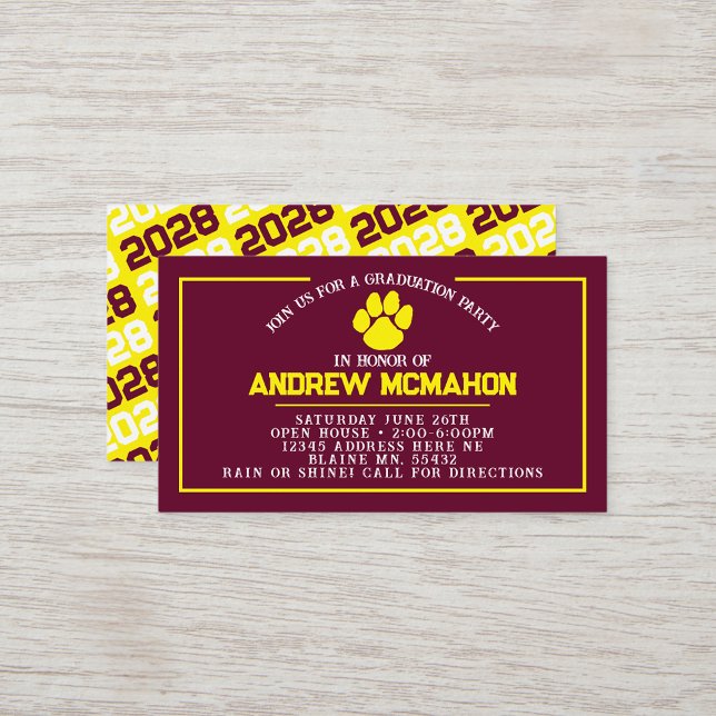 Burgundy & Gult Pawprint Mini Studenten Inbjudan (Burgundy & Yellow Pawprint Mini Graduation Invites for Friends, Team Mates or as Inserts!)