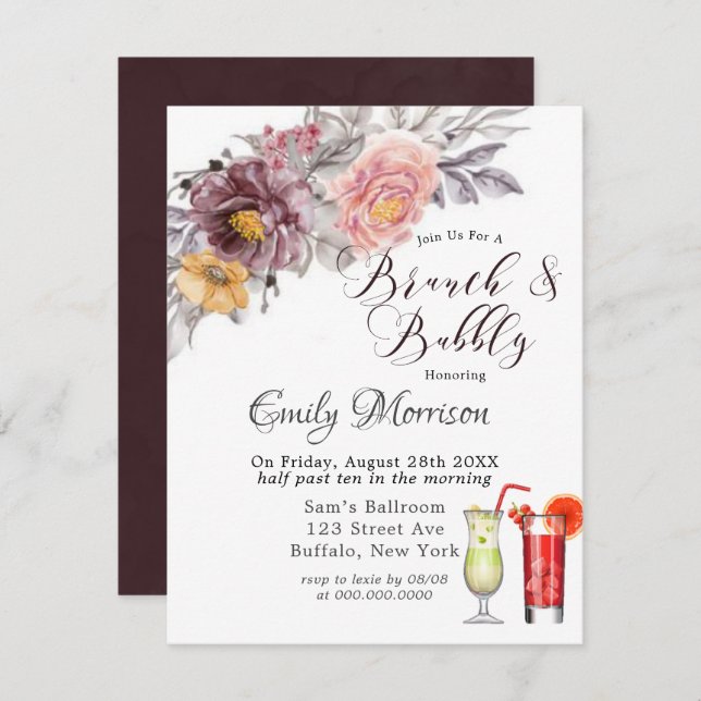 Burgundy  Gult Peonies Brunch & BubLY Inbjudningar (Fram/baksida)