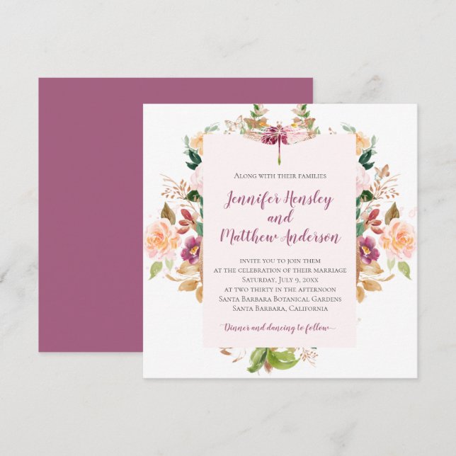 Burgundy Gult Rosa Mauve Watercolor Dragonfly Inbjudningar (Fram/baksida)