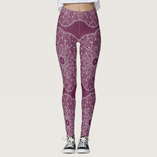 Burgundy Hand-dragen Peace Mandala Leggings