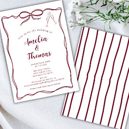 Burgundy Hand Draw Doodle Vågigt Gräns Bow Bröllop Inbjudningar