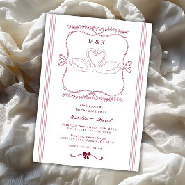 Burgundy Handritad Svan Ränder Monogram Bröllop Inbjudningar