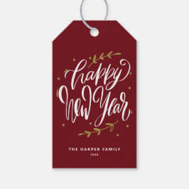 Burgundy Happy New Year Modern Calligraphy Wreath Presentetikett