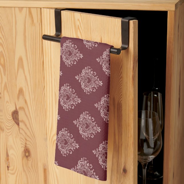Burgundy Heart Damask Kitchen Towels Kökshandduk (Thirds Fold)