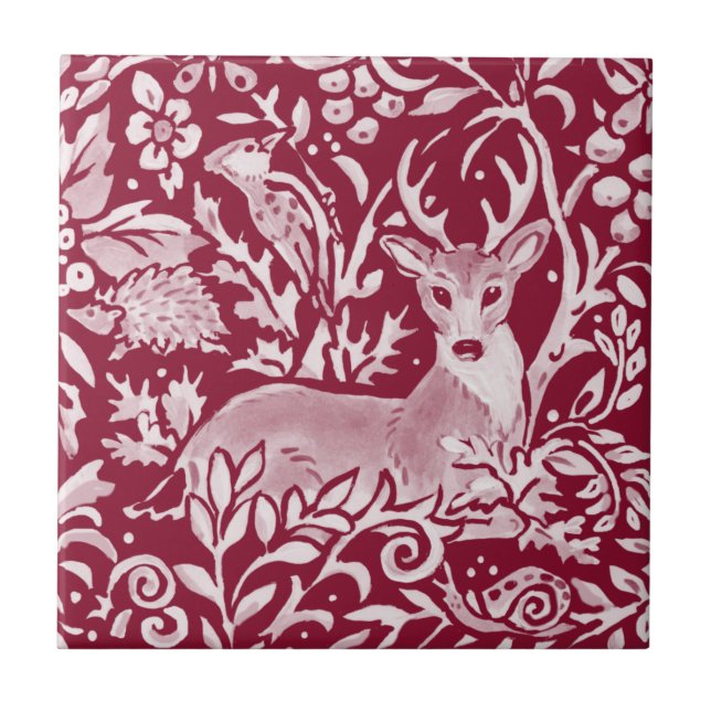 Burgundy Hjort Hedgehog Woodland Forest Animal  Kakelplatta (Framsidan)