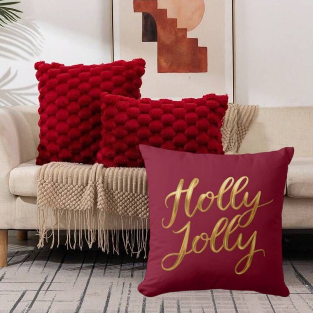 Burgundy Holly Jolly - Guld Script Helgdag Decor Kudde (Burgundy Holly Jolly - Gold Script Holiday Decor Throw Pillow)
