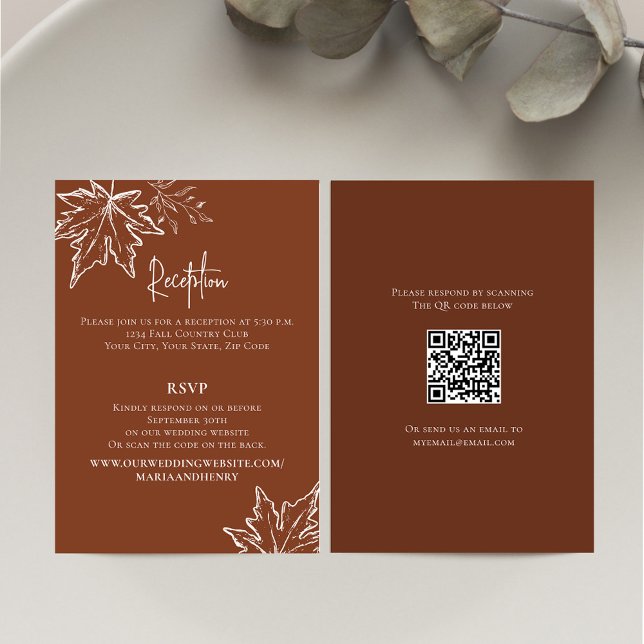 Burgundy Höst löv QR-koden OSA Bröllop Tilläggskort (Burgundy wedding reception enclosure card. with RSVP details. )