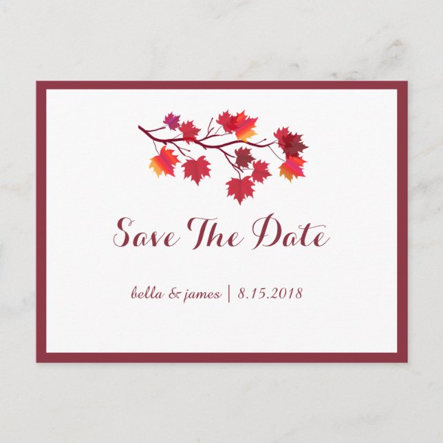 Burgundy Höstlöv Bröllop Save The Date Postkort Meddelande Vykort (Framsida)