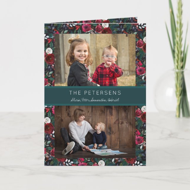 Burgundy Hunter Grönt Blommigt jul 2 Foton Helgkort (Framsida)
