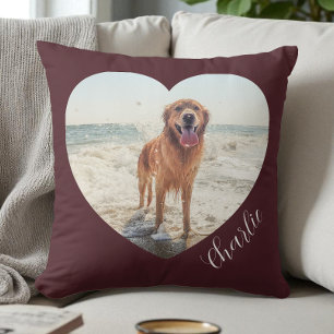 Burgundy Husdjur Hjärtfoto Script Personlig Hund Kudde