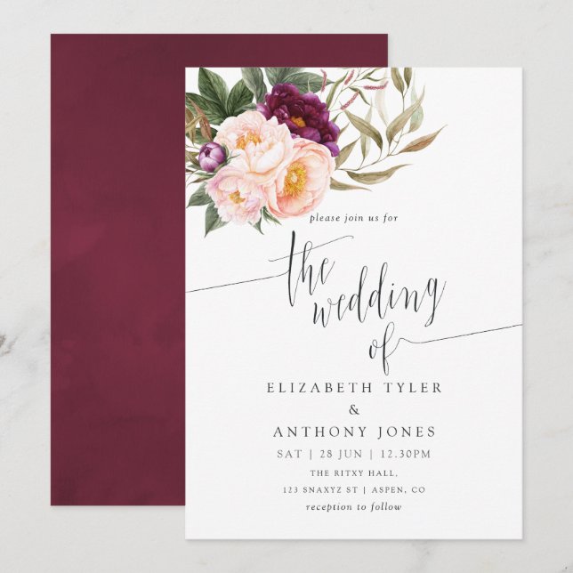 Burgundy - inbjudan till Marsala och Peach Blommig (Fram/baksida)