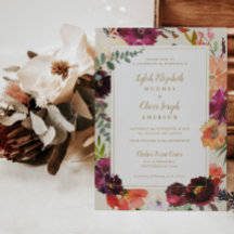 Burgundy + Inbjudan till Peach Watercolor Blommigt
