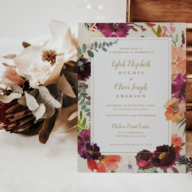 Burgundy + Inbjudan till Peach Watercolor Blommigt (Skapare uppladdad)