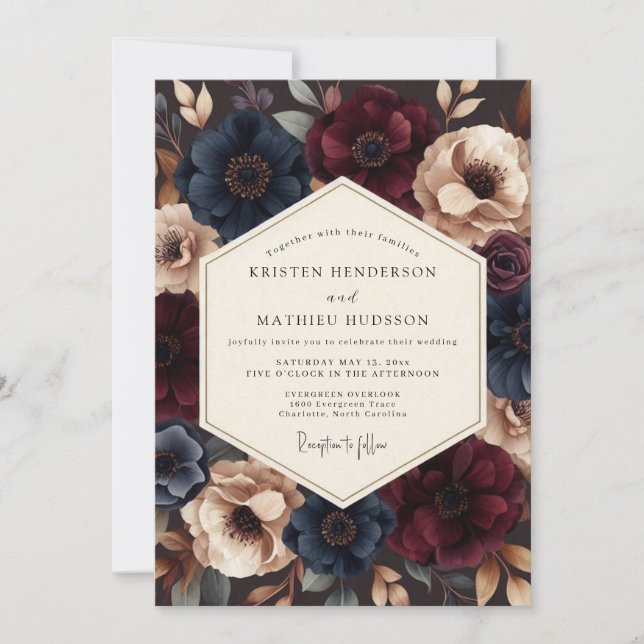 Burgundy Indigo Dramatisk Bröllop Inbjudningar (Framsida)