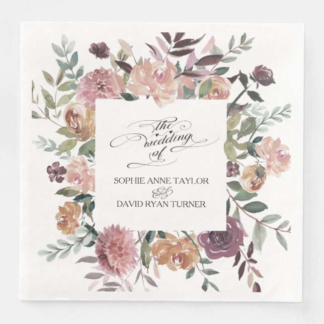 Burgundy  ivoriansk Blommigt Kand Bröllop Pappersservett (Framsida)