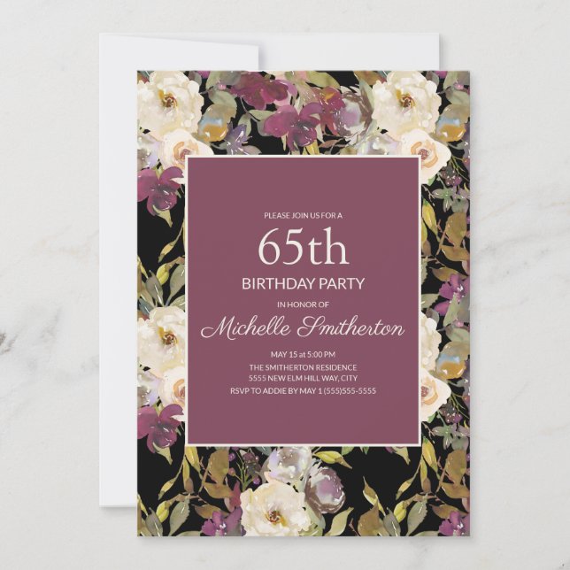 Burgundy Ivory Blommigt Foliage Black 65e Birthday Inbjudningar (Framsida)