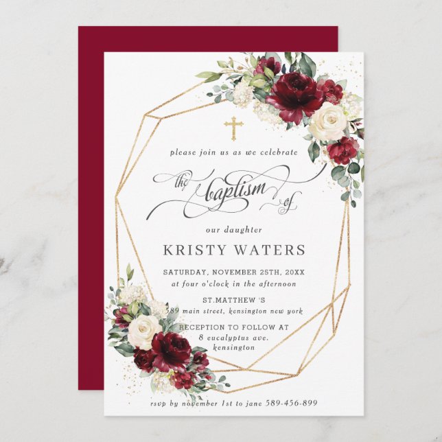 Burgundy Ivory Blommigt Greenery Baptism Geometric Inbjudningar (Fram/baksida)