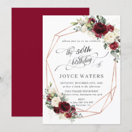 Burgundy Ivory Blommigt Greenery Birthday Geometri Inbjudningar