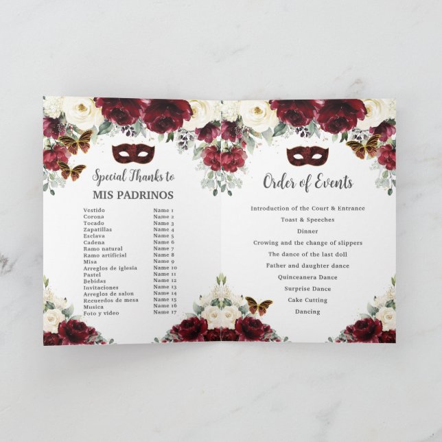 Burgundy Ivory Blommigt Guld Quinceañera Masquerad Program (Inuti)