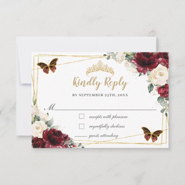 Burgundy Ivory Blommigt Quinceañera Butterfly Repl OSA Kort (Framsida)