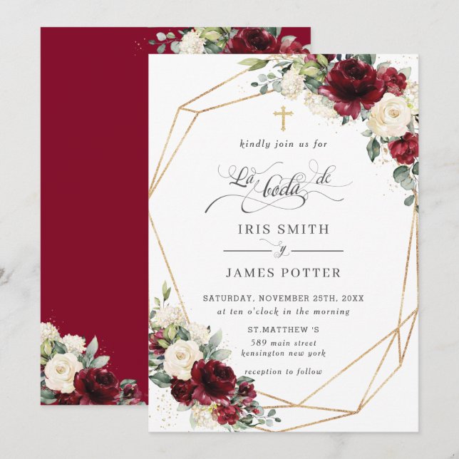 Burgundy Ivory Blommigt Ro Boda Spanska Bröllop Inbjudningar (Fram/baksida)