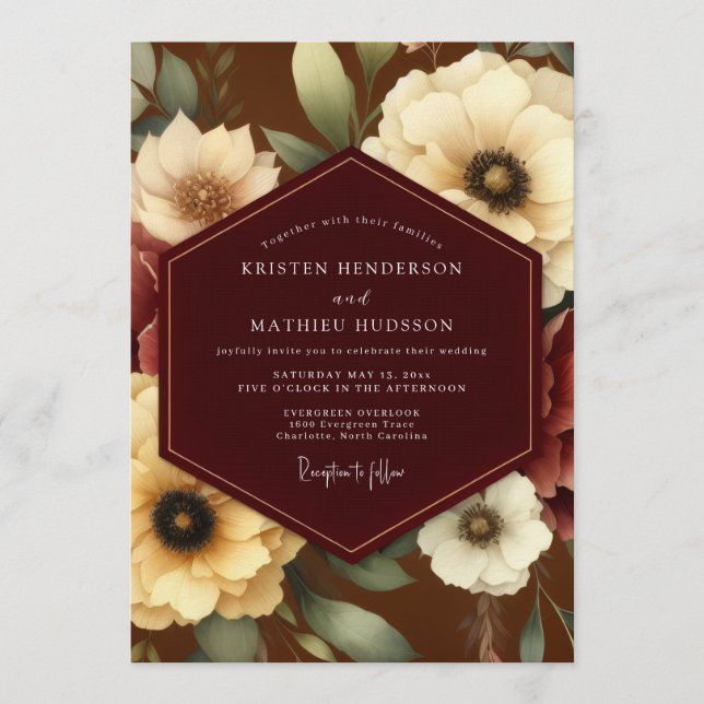 Burgundy Ivory Bloom Wedding Inbjudningar (Framsida)
