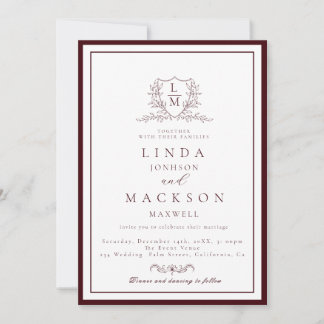 Burgundy & Ivory botanical crest monogram wedding Inbjudningar