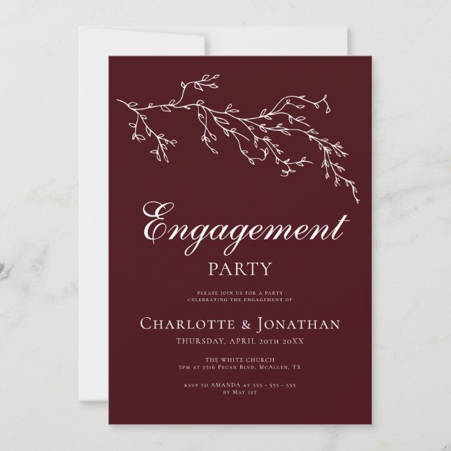 Burgundy & Ivory Botanical Engagement Party Inbjudningar (Framsida)