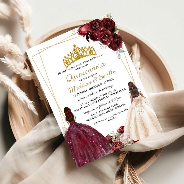 Burgundy & Ivory Butterfly Twin Quinceanera Inbjudningar (Skapare uppladdad)