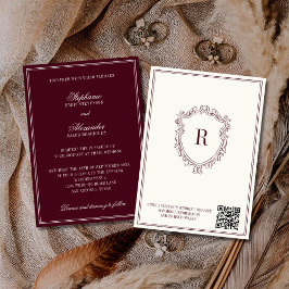 Burgundy & Ivory Crest Old Money QR Code Wedding Inbjudningar