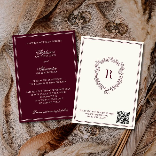 Burgundy & Ivory Crest Old Money QR Code Wedding Inbjudningar (Skapare uppladdad)