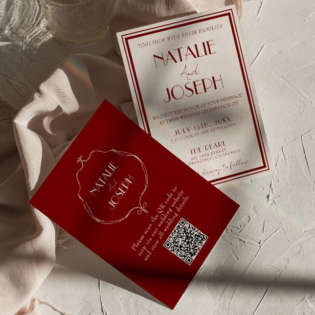 Burgundy Ivory Old Money Retro QR Code Wedding Inbjudningar (Skapare uppladdad)