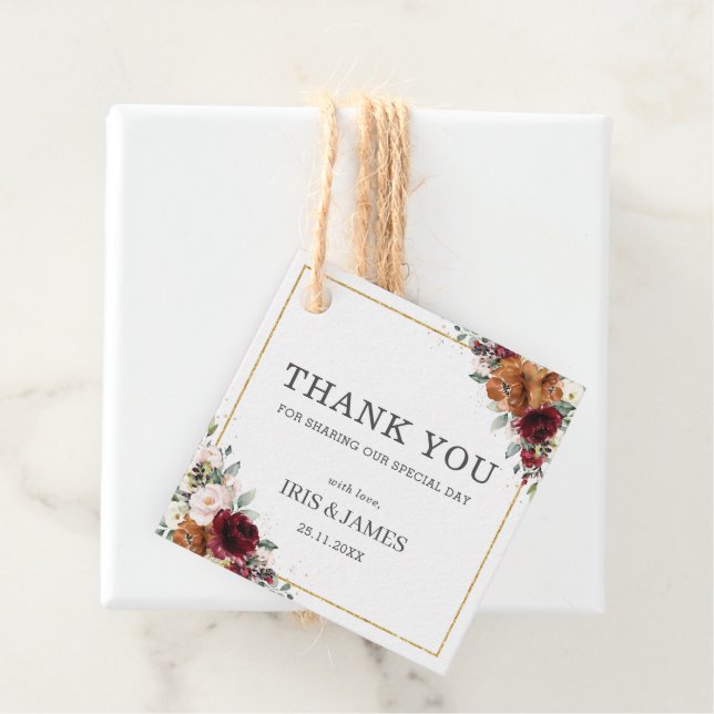 Burgundy Ivory Orange Blommigt Bröllop Tack Gåvor Etiketter (På plats)