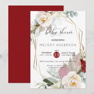 Burgundy Ivory Peonies Botanical Baby Shower Inbjudningar