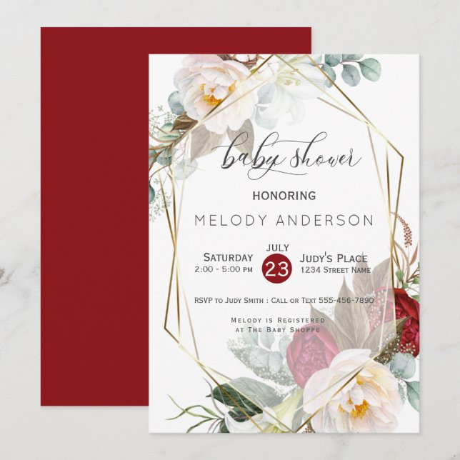 Burgundy Ivory Peonies Botanical Baby Shower Inbjudningar (Fram/baksida)