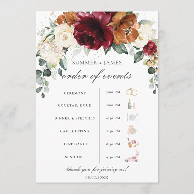 Burgundy Ivory Rust Floral Wedding Order of Event  Program (Framsida)