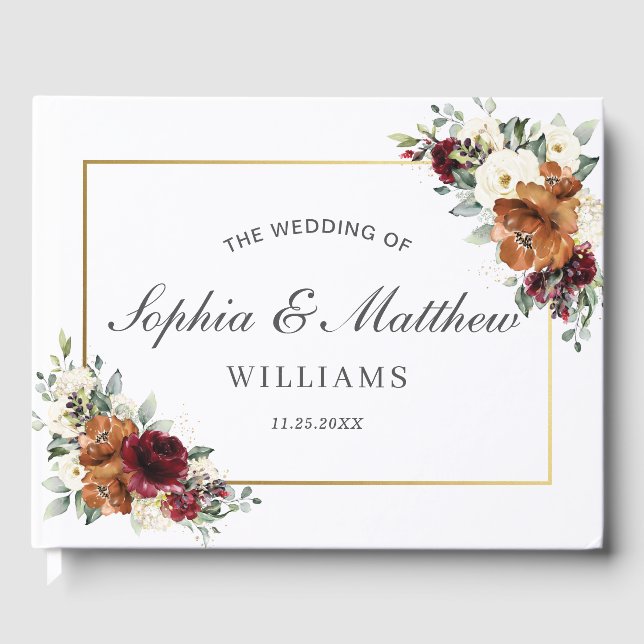 Burgundy Ivory Rust Orange Floral Greenery Wedding Gästböcker (Framsida)