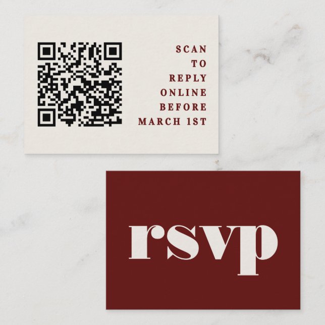 Burgundy & Ivory Simple Wedding QR Code RSVP Tilläggskort (Fram/baksida)