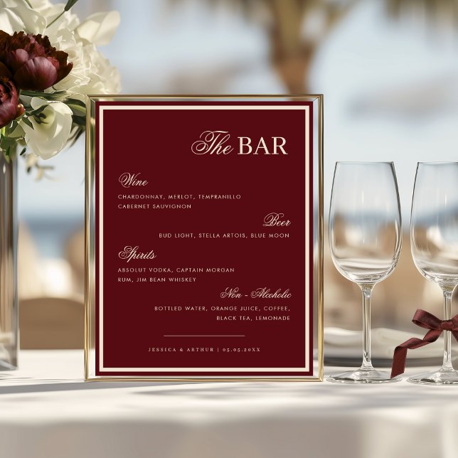 Burgundy & Ivory The Wedding Bar Drink Menu Sign Poster (Skapare uppladdad)