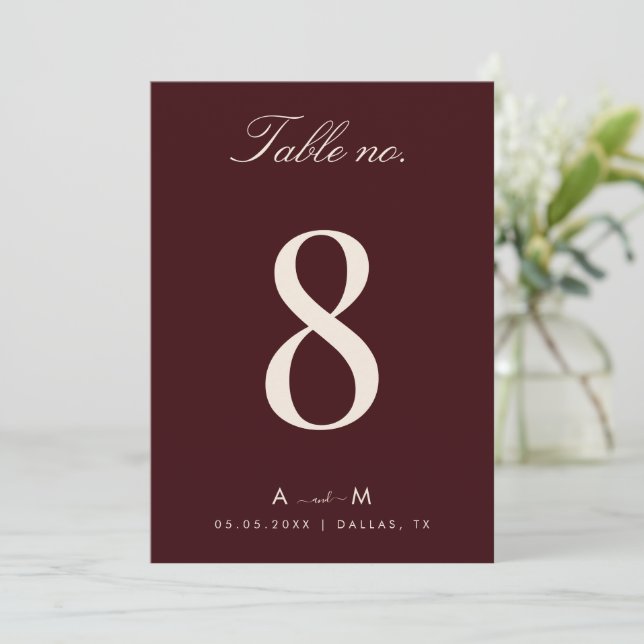 Burgundy & Ivory Wedding 5x7 Table Number Card Inbjudningar (Stående Fram)