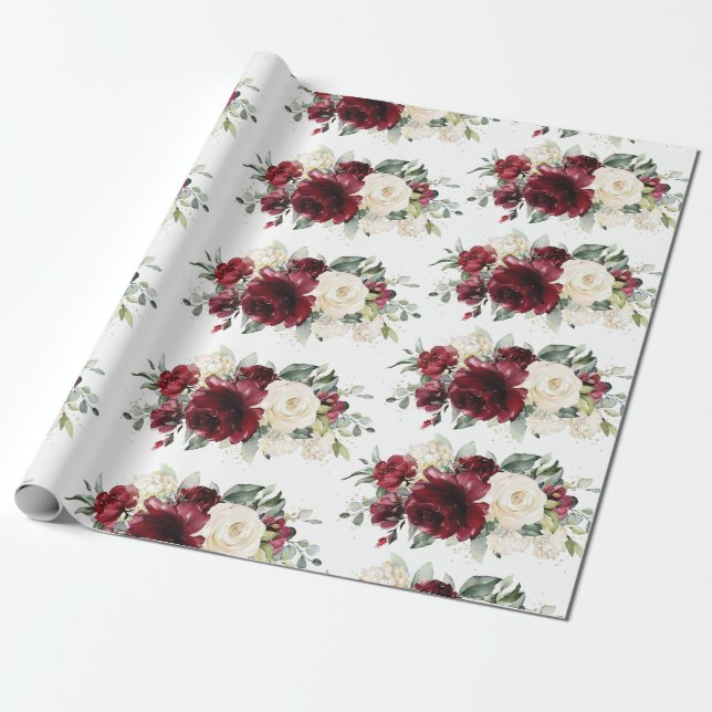 Burgundy Ivory White Blommigt Greenery  Presentpapper (Utrullad)