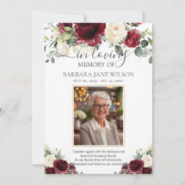Burgundy Ivory White Blommigt Photo Funeral Memori Tack Kort