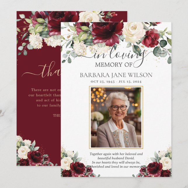 Burgundy Ivory White Blommigt Photo Funeral Memori Tack Kort (Fram/baksida)