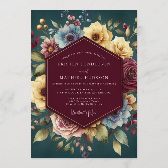 Burgundy Jewel Tone Bloom Wedding Inbjudningar (Framsida)