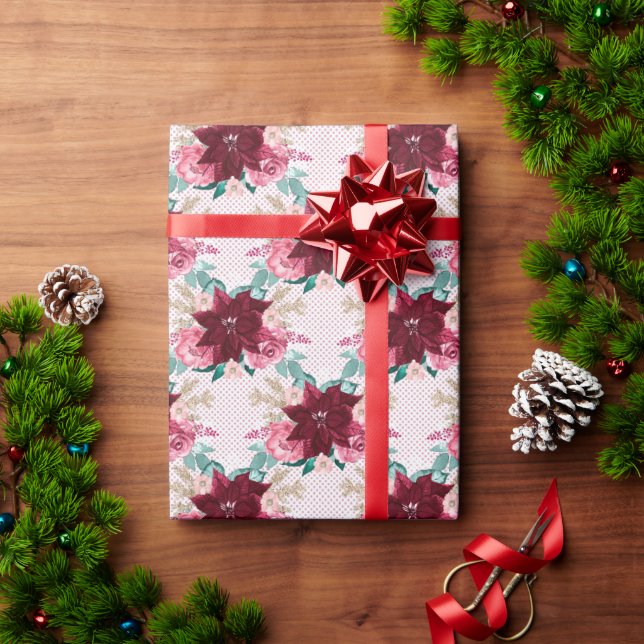 Burgundy jul Poinsettia Watercolor Presentpapper (Julgåva)