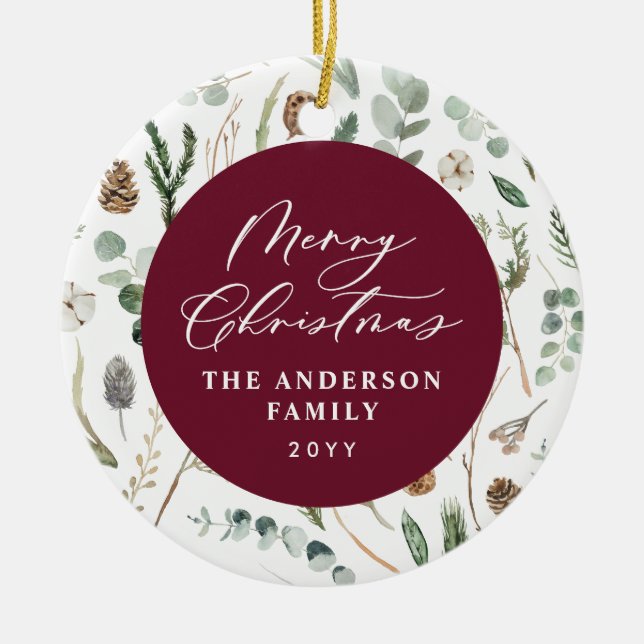 Burgundy-julens minsta botaniska foto julgransprydnad keramik (Framsidan)